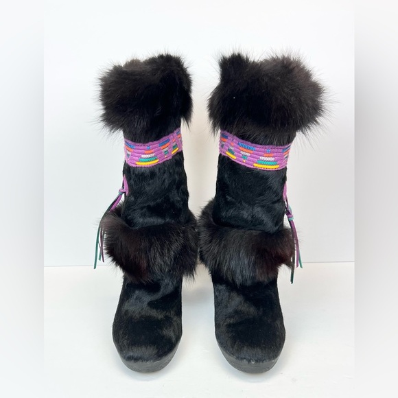 Tecnica Fur Boots Womens US 6.5 Euro 37 Black Eskimo Aztec Ski Made in Italy - Picture 3 of 13